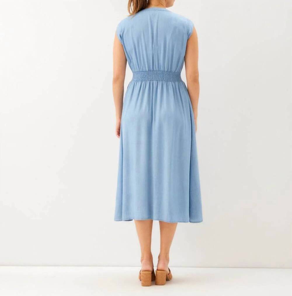 NEW KAREN KANE smocked waist button up dress in chambray blue - Picture 2 of 3